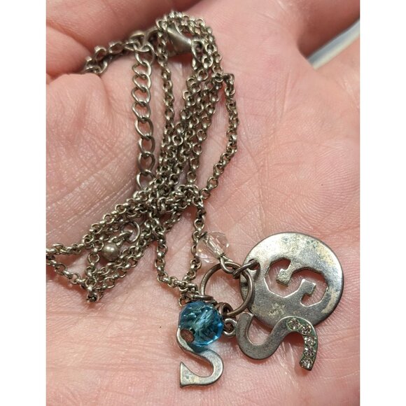S Initial Charm Necklace Silver Tone With Blue Bead Accent - Picture 4 of 5